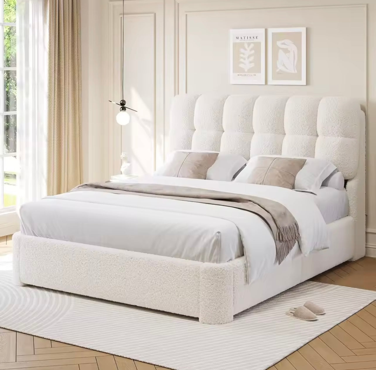 Boucle Upholstered Cloud Bed Frame,  Cream Queen Size Tufted Bed