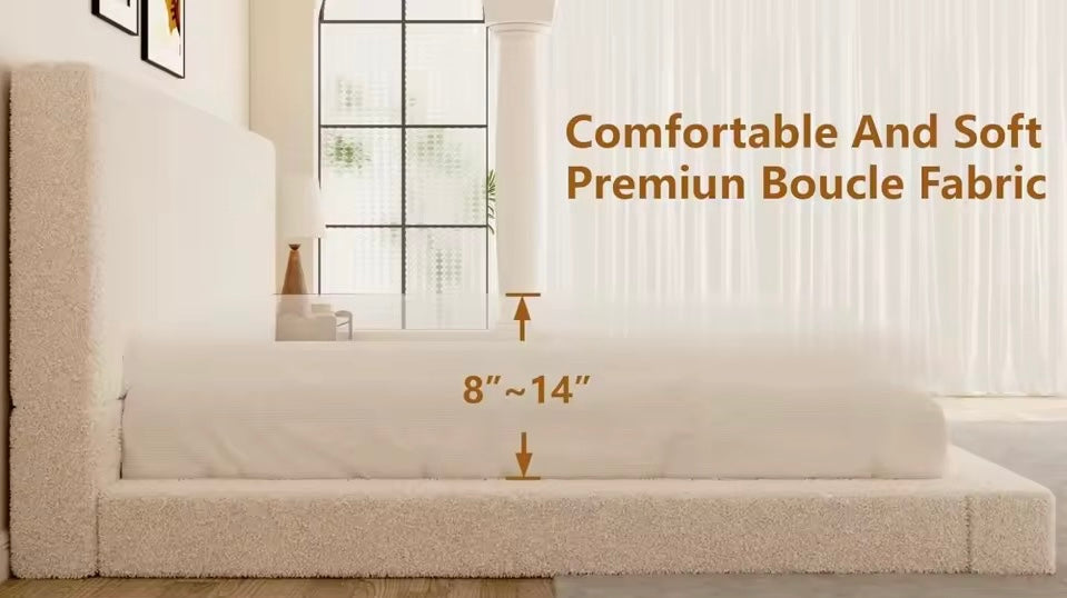 Boucle Upholstered Cloud Platform Bed with 47.2” Tall Headboard