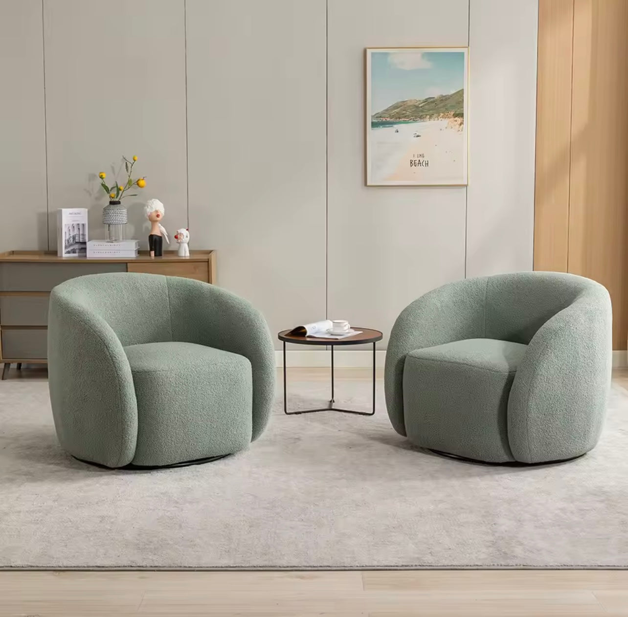 Set of 2, 360 Degree Swivel Accent Chairs, Lambswool Barrel Side Chairs