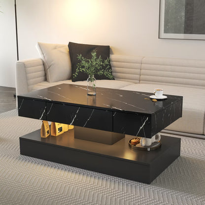 Modern Black Coffee Table with Storage, Coffee Table with LED Lights