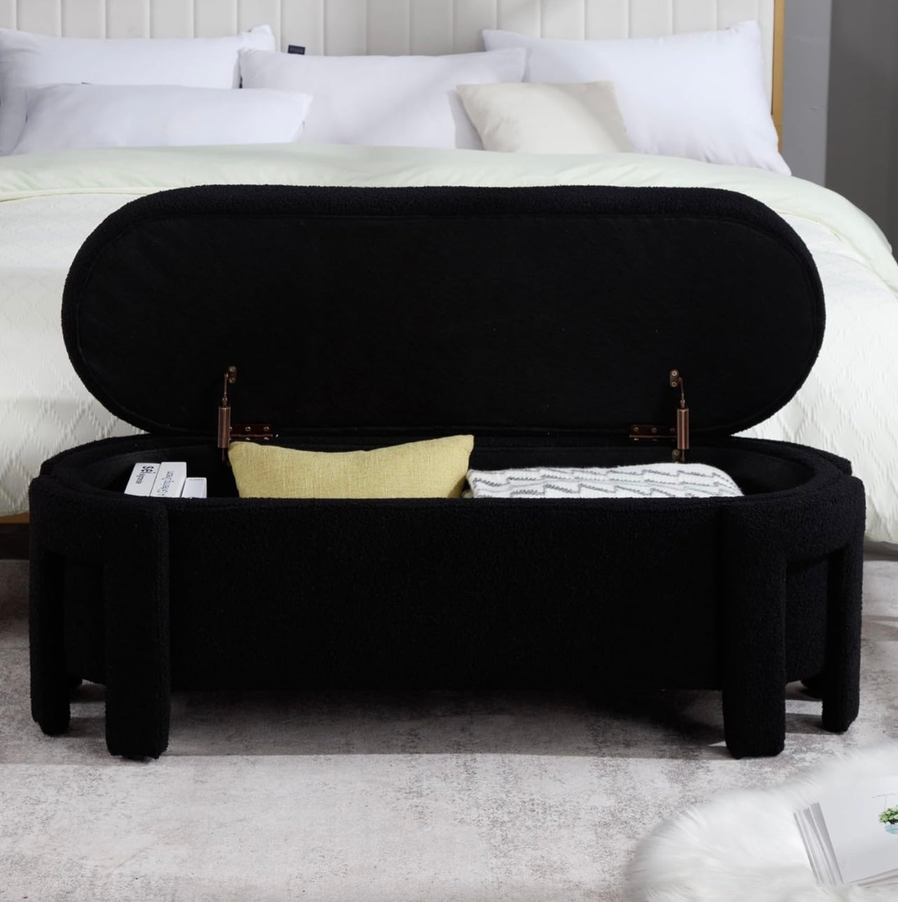 50-Inch Black Faux Fur Storage Ottoman Bench
