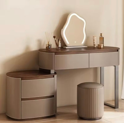 Saddle Leather Vanity Table with LED Mirror & Adjustable Storage, Walnut