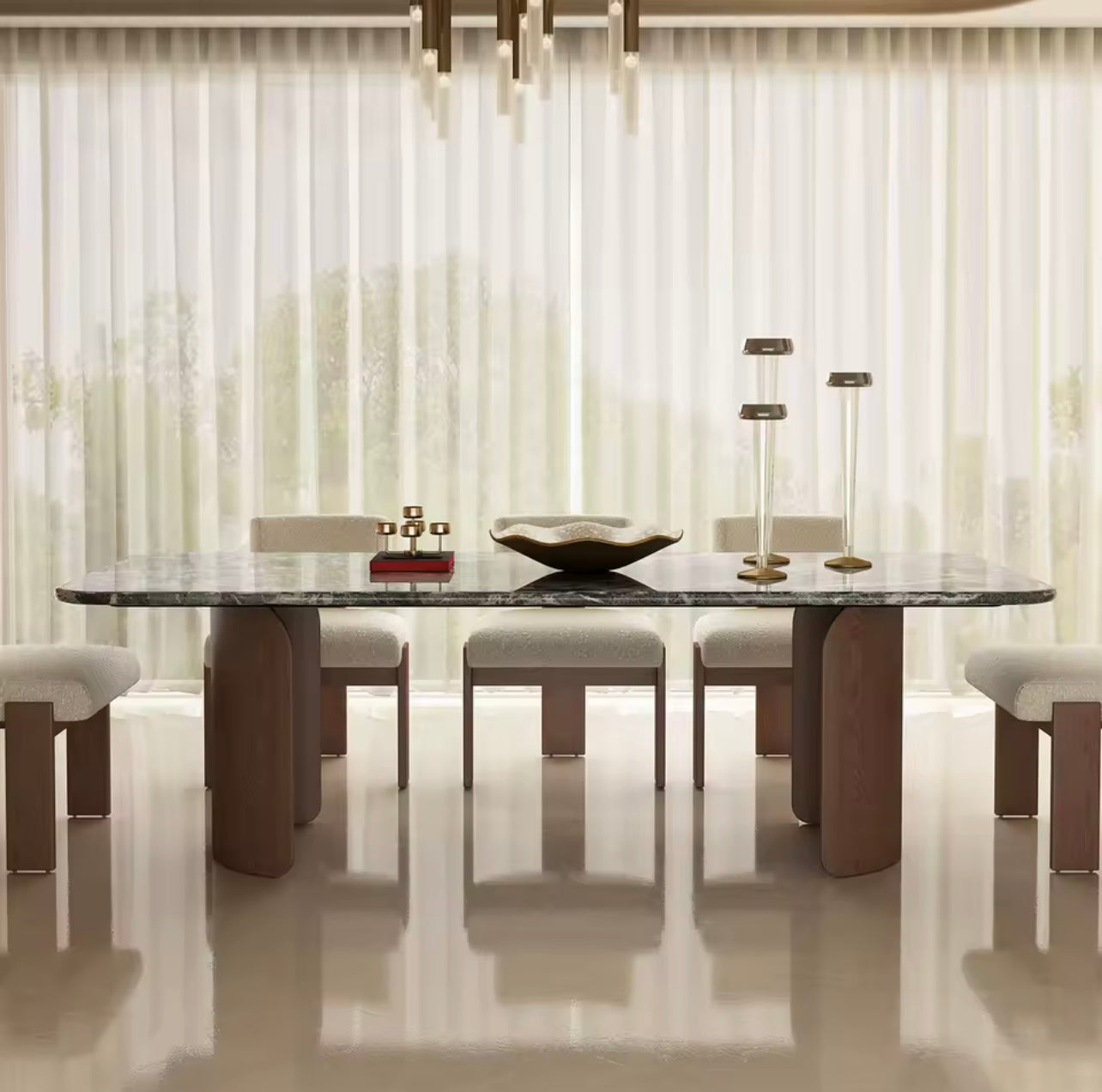 Mid-Century Travertine & Walnut Dining Table, Curved Stone Detail
