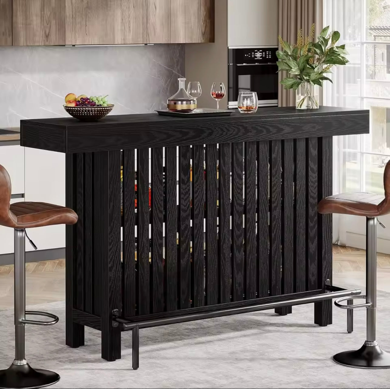 63” Modern Large Home Bar Unit with 2 Storage Shelves and Footrest