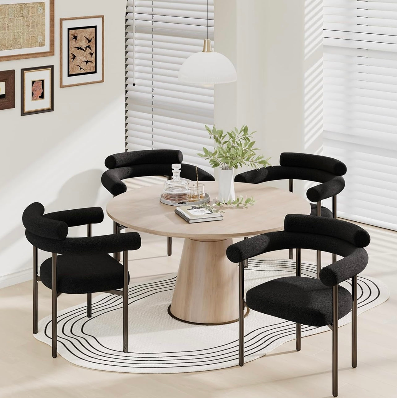 Set of 4 Mid Century Black Boucle Dining Chairs