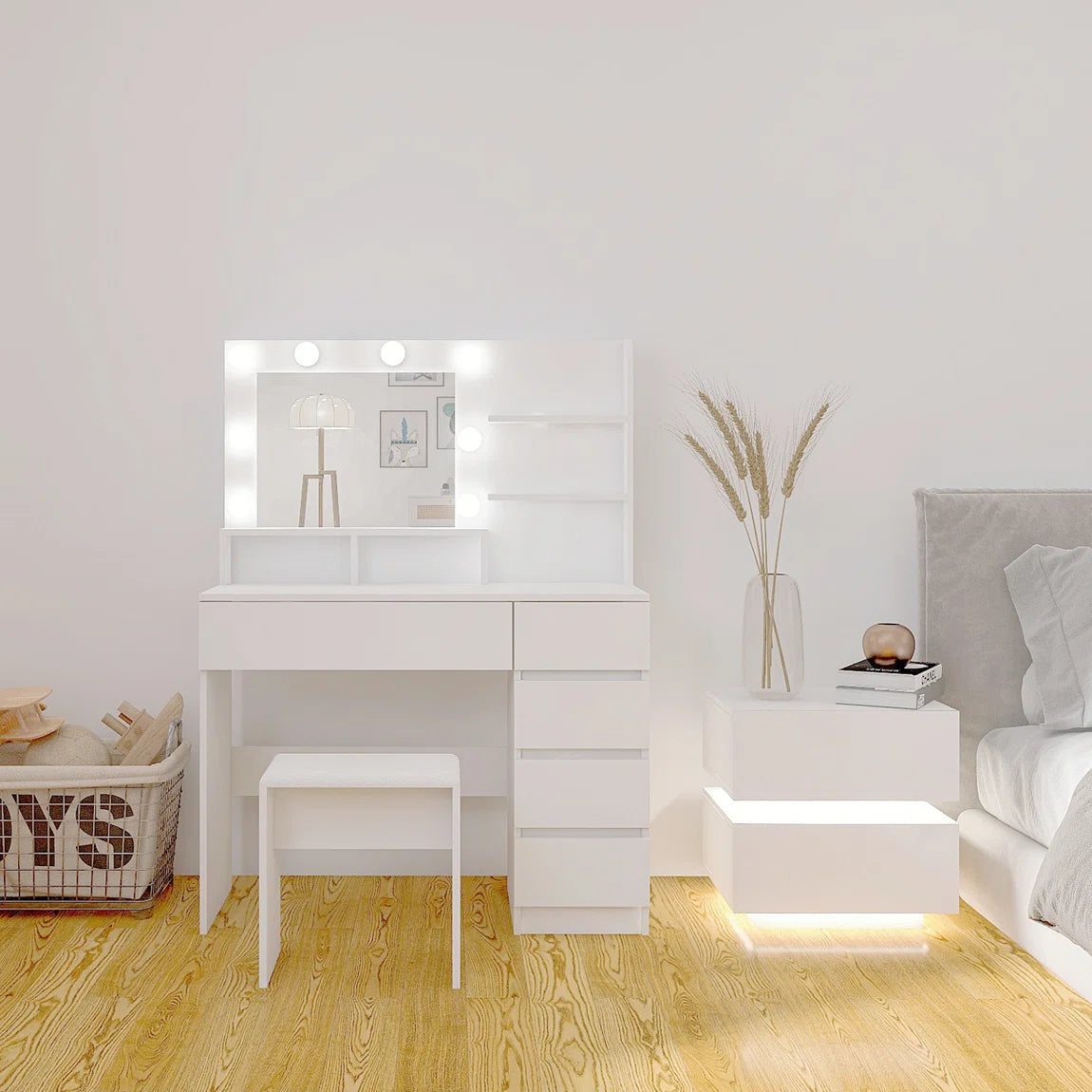 Vanity Table with Mirror & Stool, White Makeup Vanity with Lights