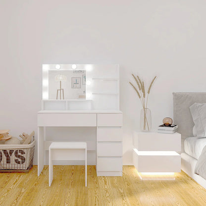 Vanity Table with Mirror & Stool, White Makeup Vanity with Lights