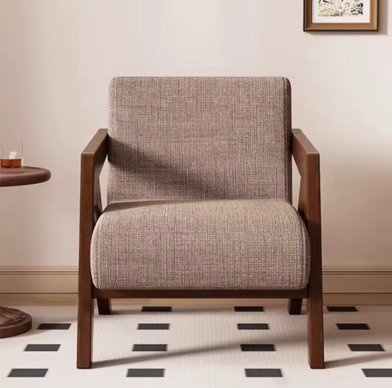 Nordic Solid Wood Armchair, Decorative Linen Single Chair