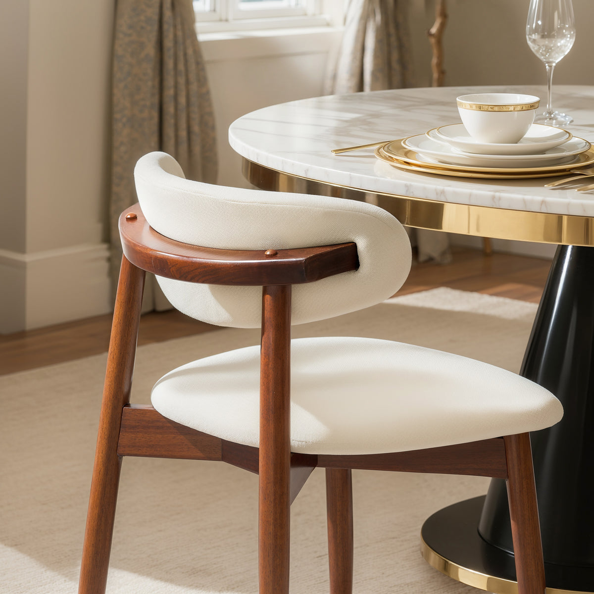 Set of 2 Beige Curved Back Dining Chairs Ergonomic Upholstered Seats