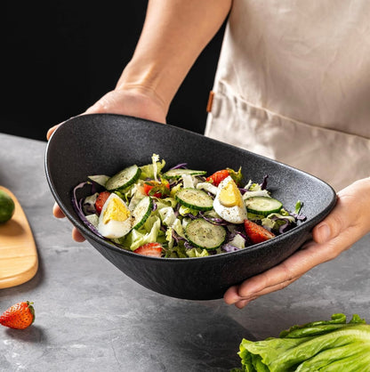 Black Oval Ceramic Salad Bowl Set