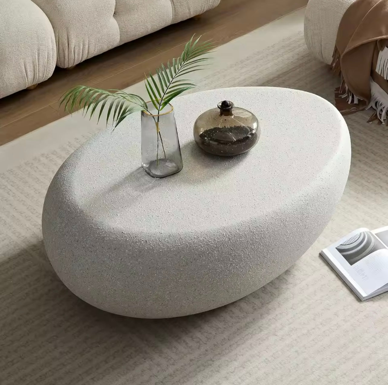 43.3” Oval Coffee Table, Modern Matte Rocks Fiberglass Center Table