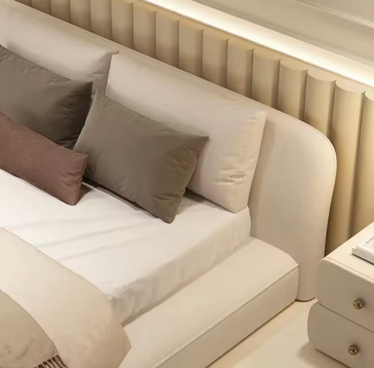 Cream Wabi-Sabi Minimalist Linen Double Bed with Solid Wood Frame