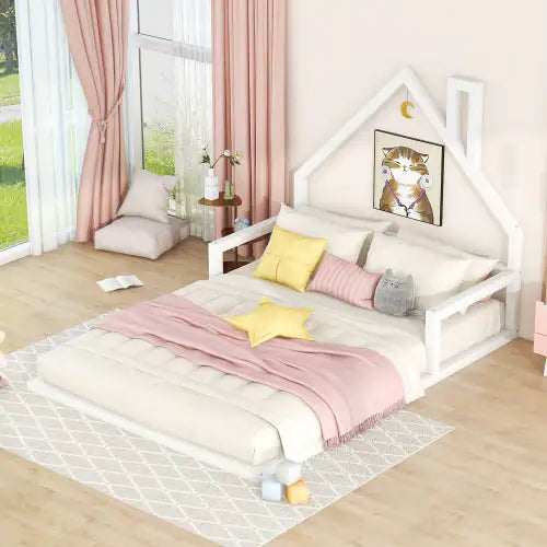 Twin Floor Bed with Wooden House Headboard