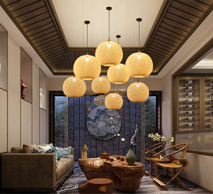 Japanese Bamboo Woven Sphere Pendant Lamp