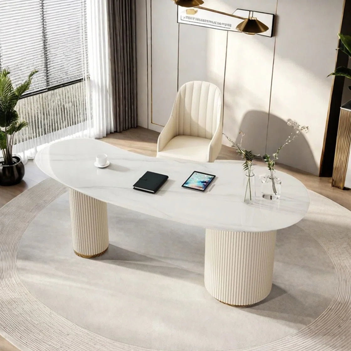 Italian Rock Slab Desk with Drawers and USB Ports, White