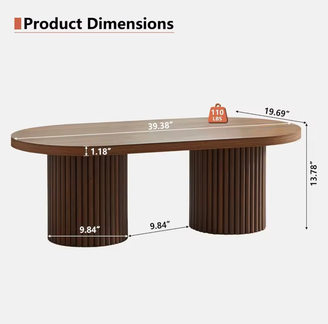 Mid Century Oval Coffee Table, Walnut Wood Fluted Center Table