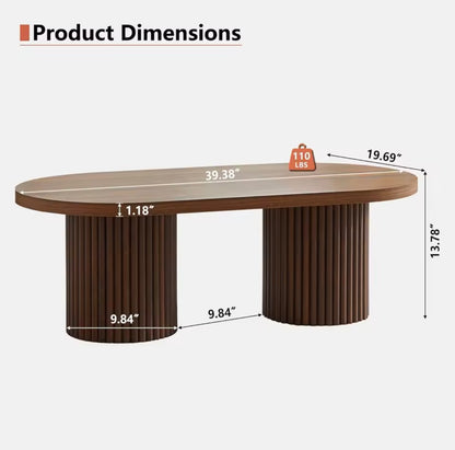 Mid Century Oval Coffee Table, Walnut Wood Fluted Center Table