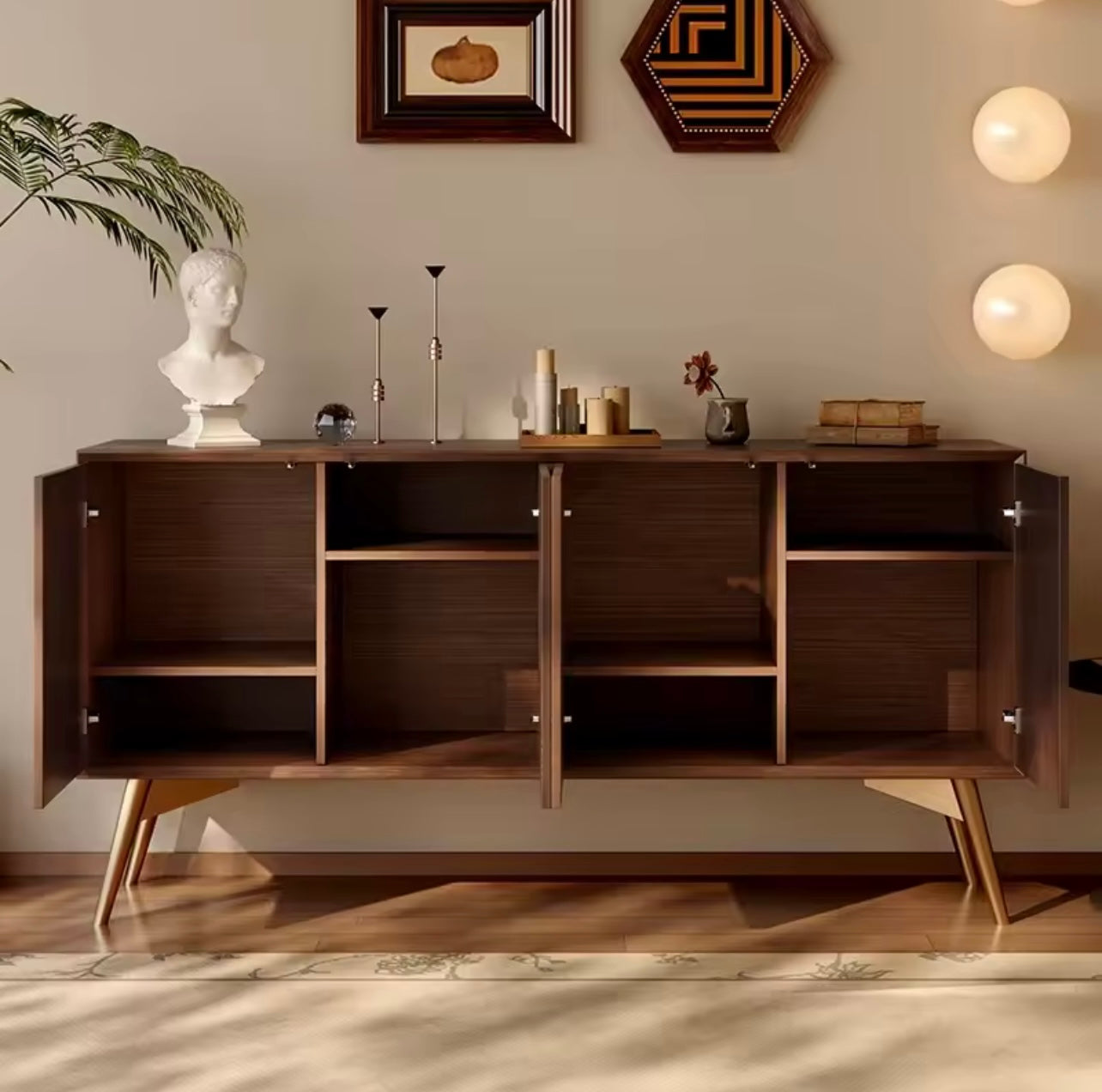 Modern Herringbone Solid Wood Sideboard with Walnut Finish