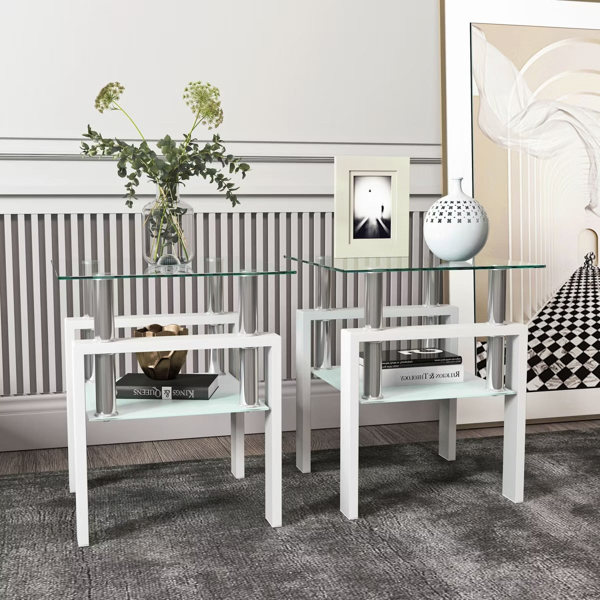 Set of 2 Tempered Glass End Tables - White