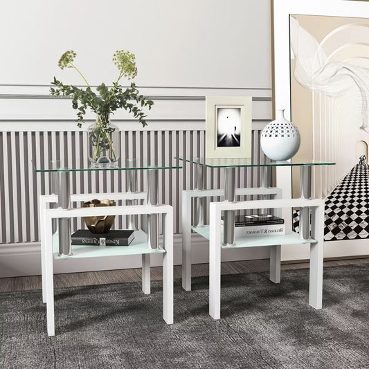 Set of 2 Tempered Glass End Tables - White