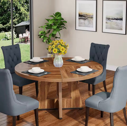 Farmhouse Round Dining Table, Rustic Wooden Kitchen Table for 4–6