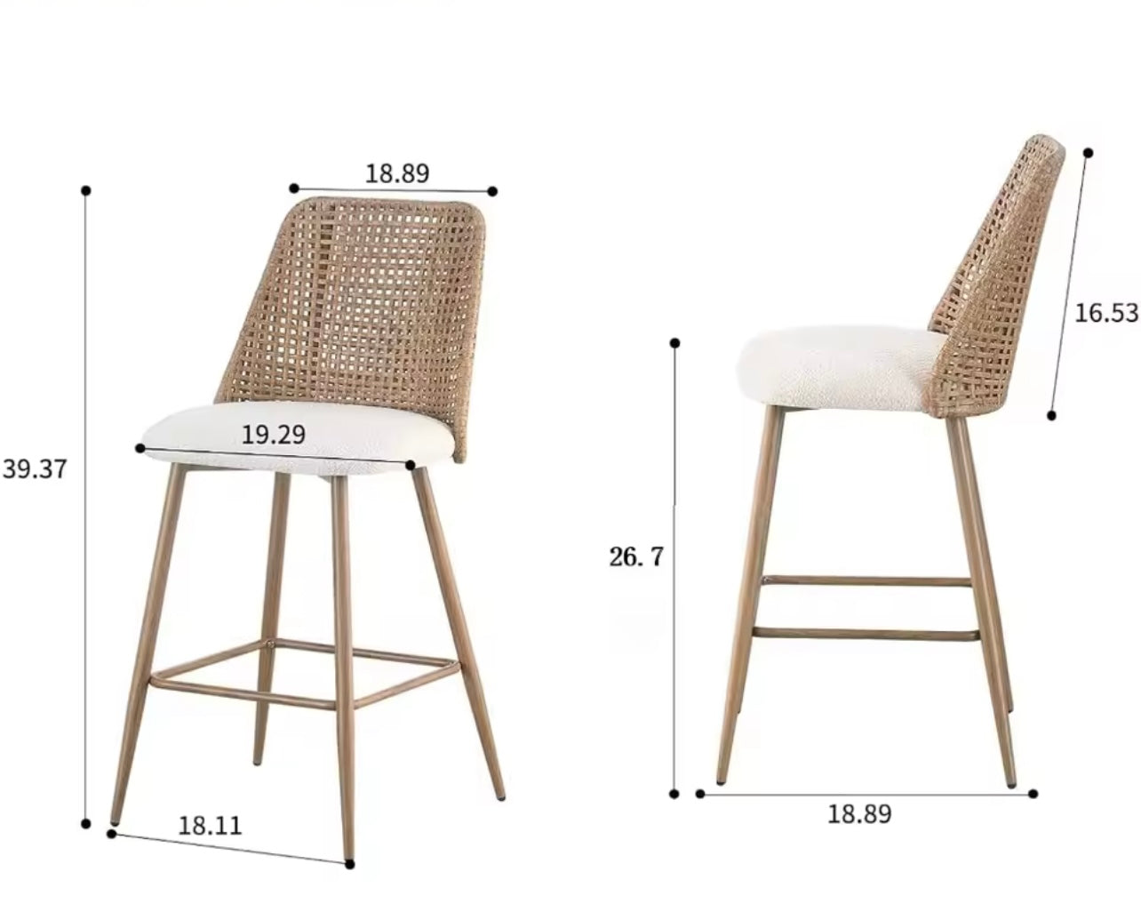 Set of 2 Mid-Century Rattan Counter Bar Stools, Boucle Upholstered Seats