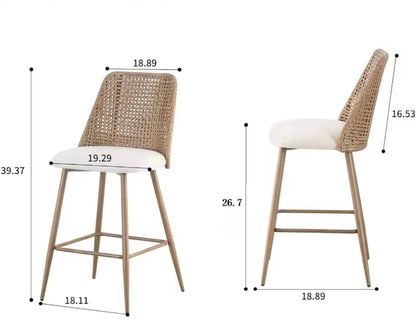 Set of 2 Mid-Century Rattan Counter Bar Stools, Boucle Upholstered Seats