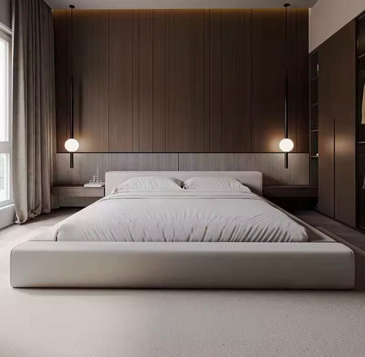 Italian Minimalist Cotton-Linen Bed with Solid Wood Frame