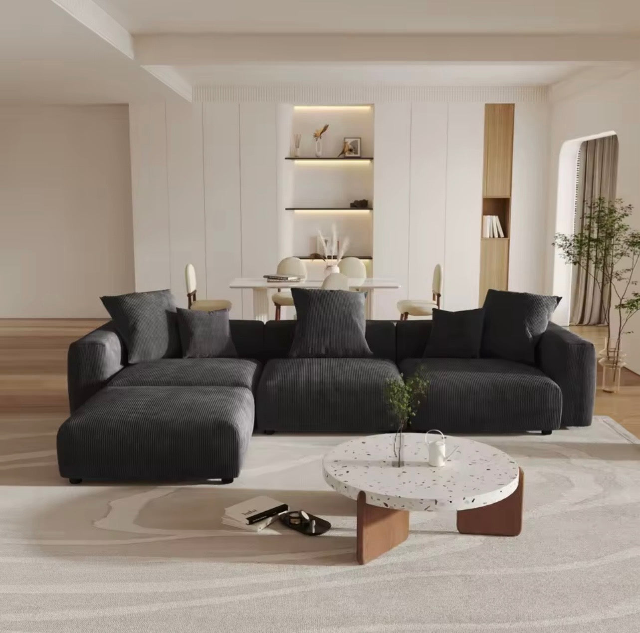 141” Corduroy Modular L-Shaped Sectional Sofa with Ottoman