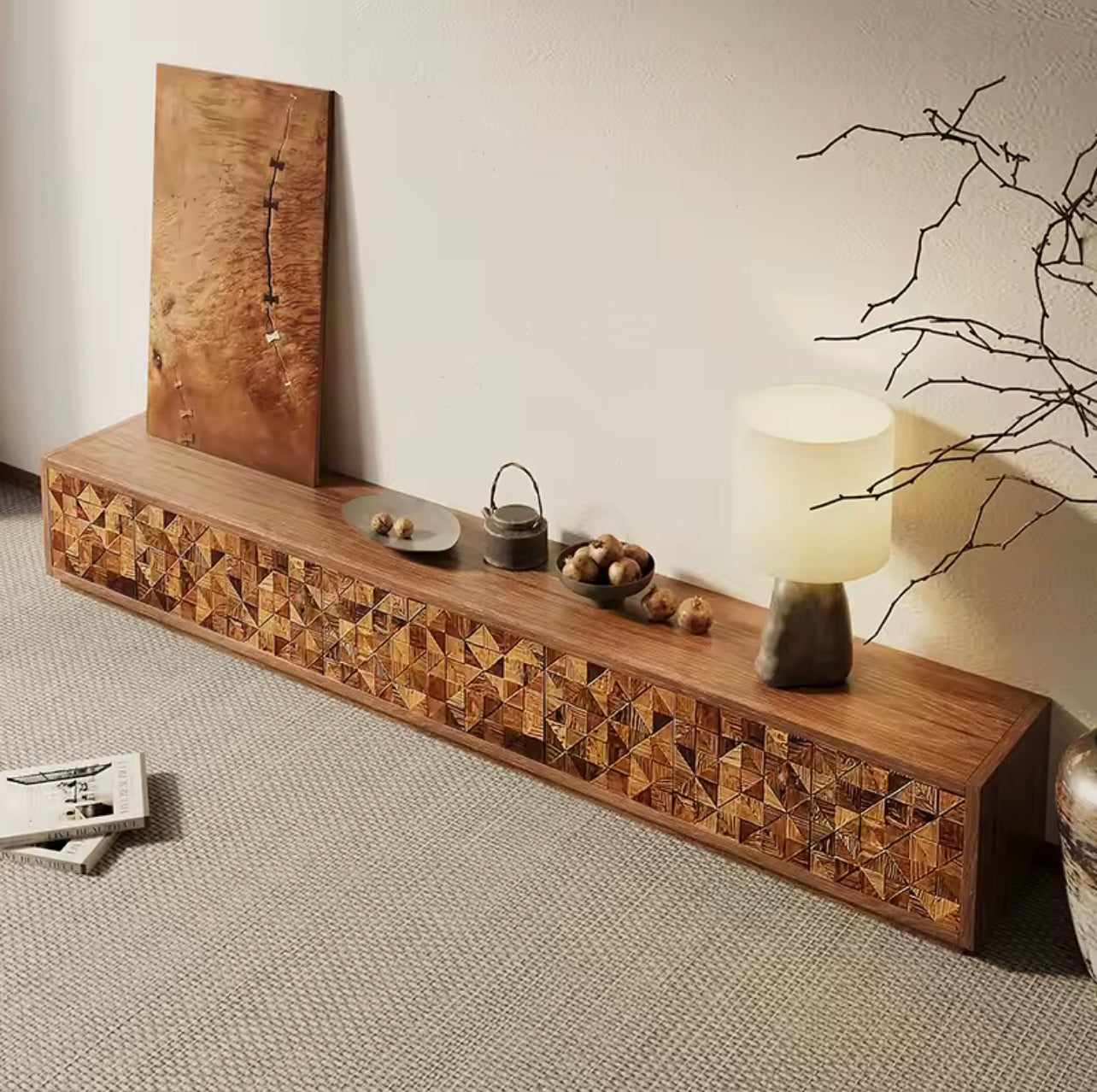 Elmwood Japanese TV Console, Hand-Carved Wooden Media Cabinet