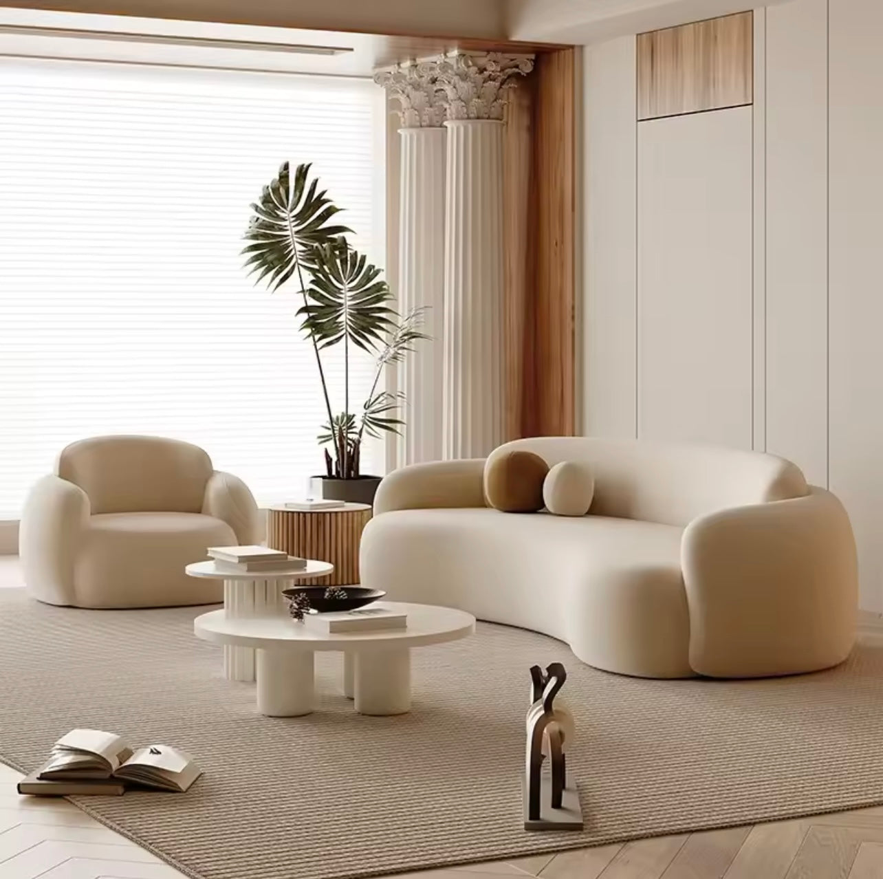 Beige Curved Lounge Sofa with Double Backrest