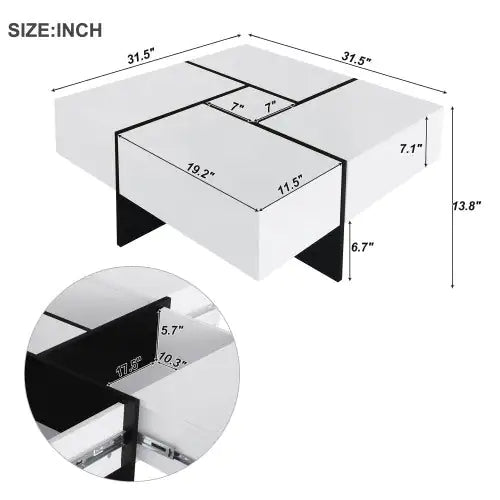 White Square Coffee Table with Hidden Storage Compartments