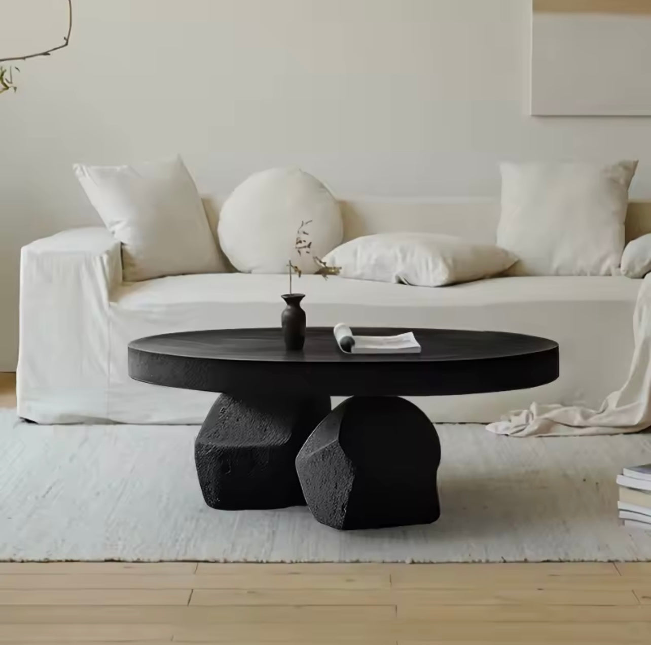 Mid-Century Black-Tinted Sculptural Coffee Table, Wood Round Top