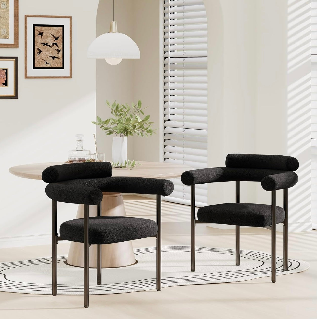 Set of 4 Mid Century Black Boucle Dining Chairs