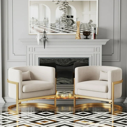 Ivory Velvet Accent Chair with Gold Legs, Mid Century Barrel Chair