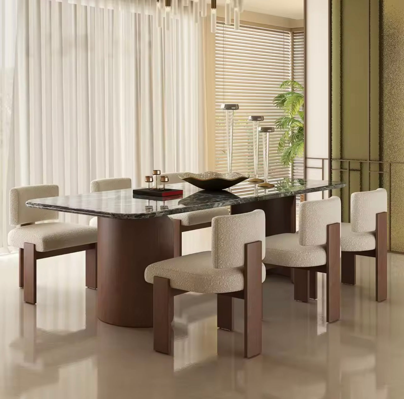 Mid-Century Travertine & Walnut Dining Table, Curved Stone Detail