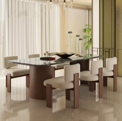 Mid-Century Travertine & Walnut Dining Table, Curved Stone Detail