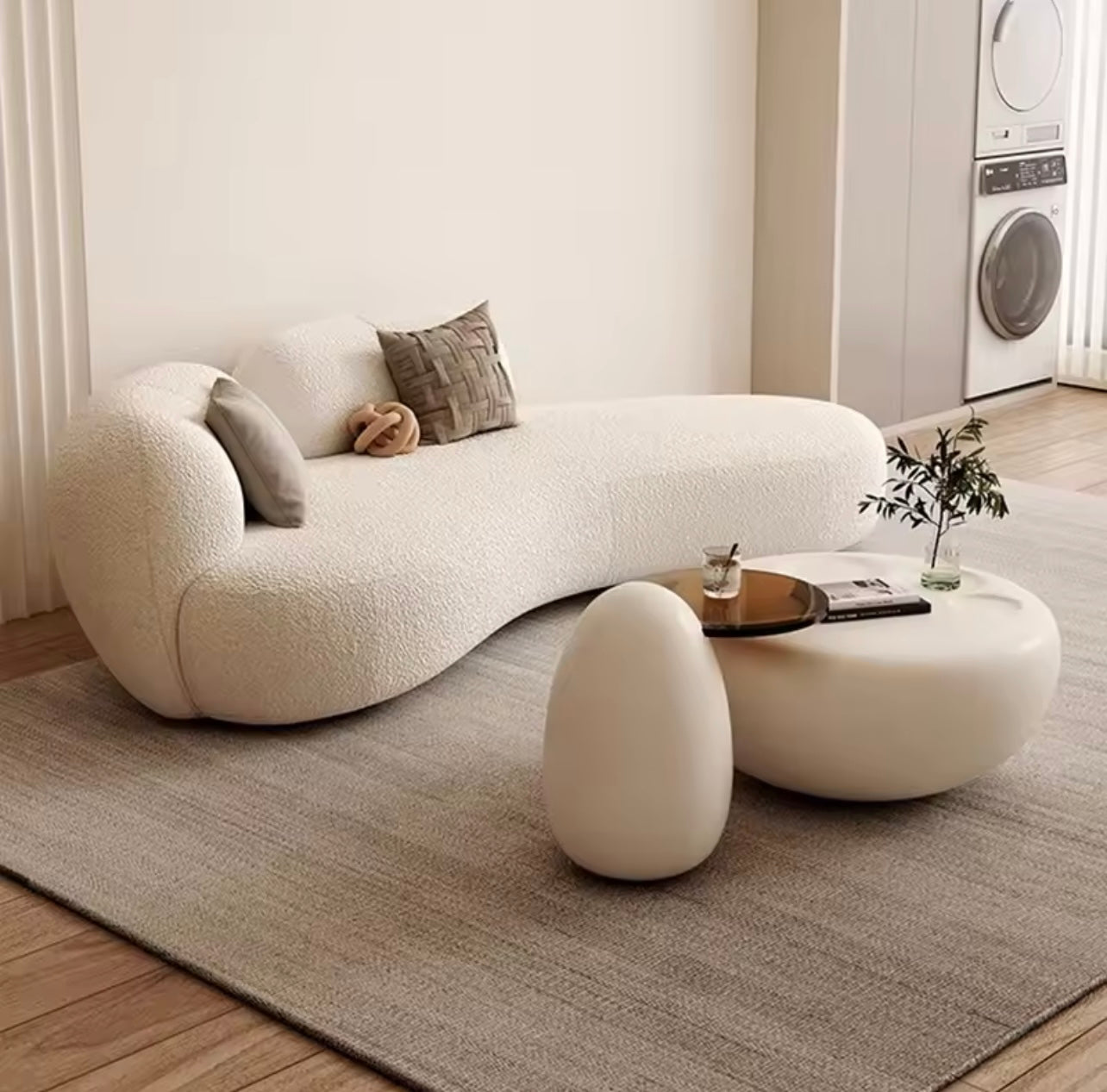 White Accent Sofa, Lambswool Upholstery & Solid Wood Frame