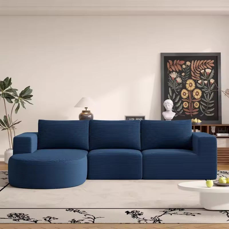 L-Shaped Corduroy Sectional Sofa with Movable Ottoman, Blue