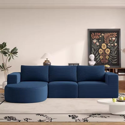 L-Shaped Corduroy Sectional Sofa with Movable Ottoman, Blue