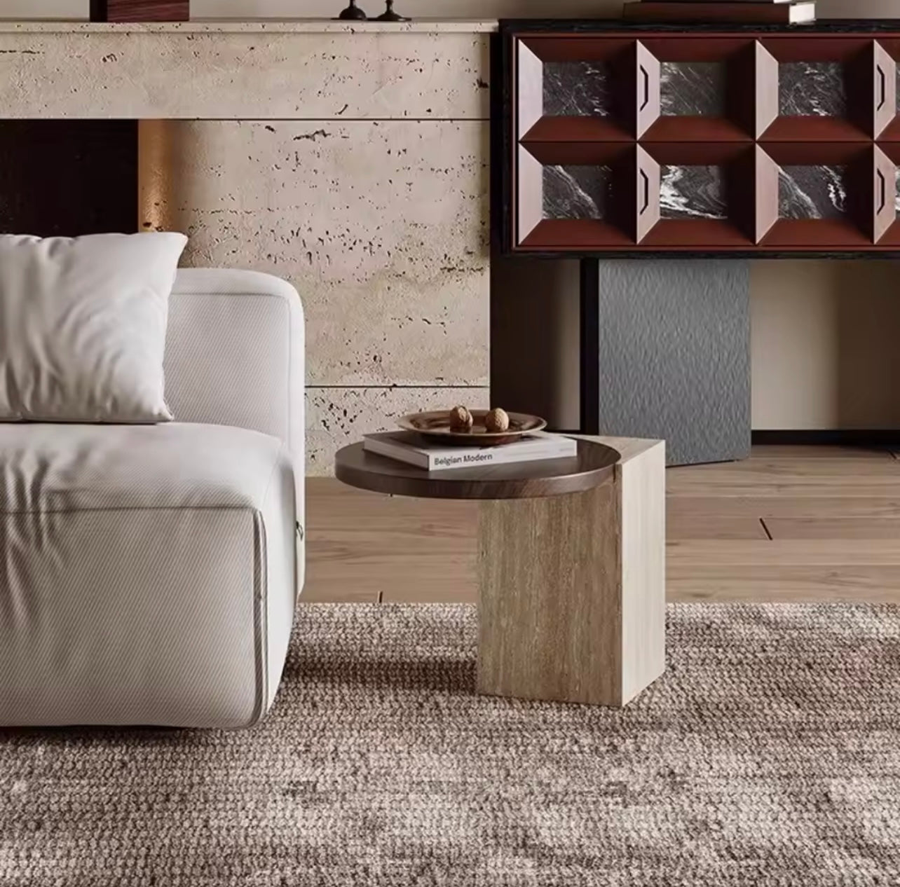 Solid Wood & Roman Cave Stone Coffee Table with Rounded Corners