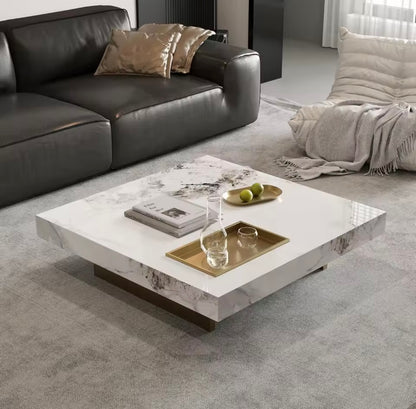 42” Square Marble Coffee Table with Gold Stainless Steel Base, White