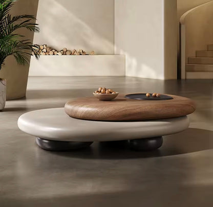 Swivel Wood Coffee Table, Dual-Tier Rotating Oval Center Table