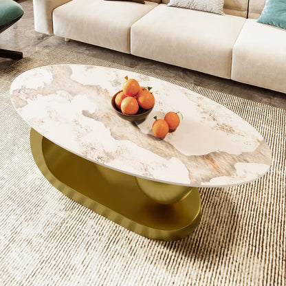 47.2" Marble Oval Coffee Table, Modern White and Gold Coffee Table