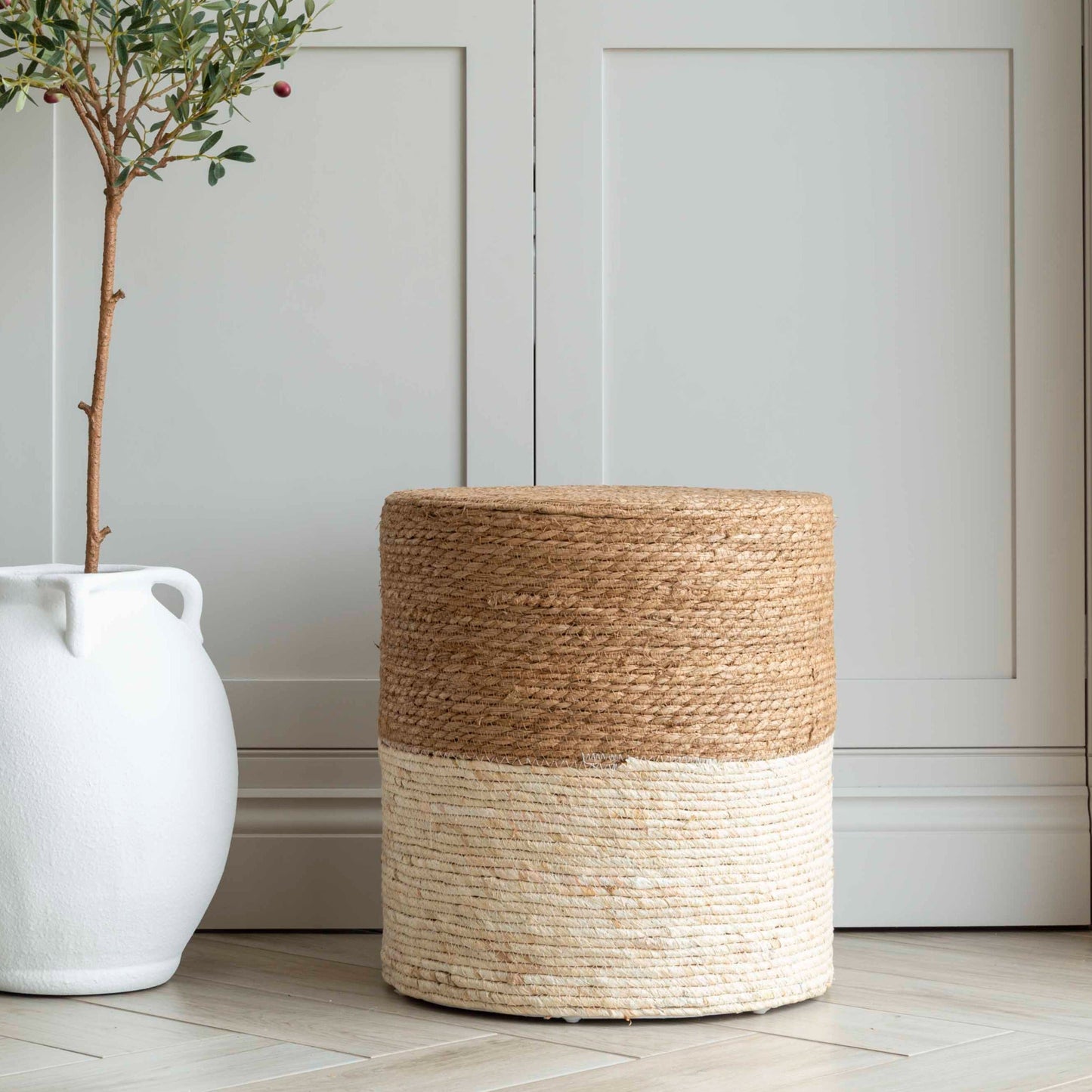 Set of 2 Handwoven Straw Pouf Ottomans