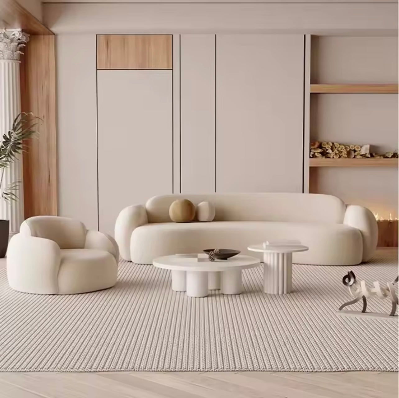 Beige Curved Lounge Sofa with Double Backrest