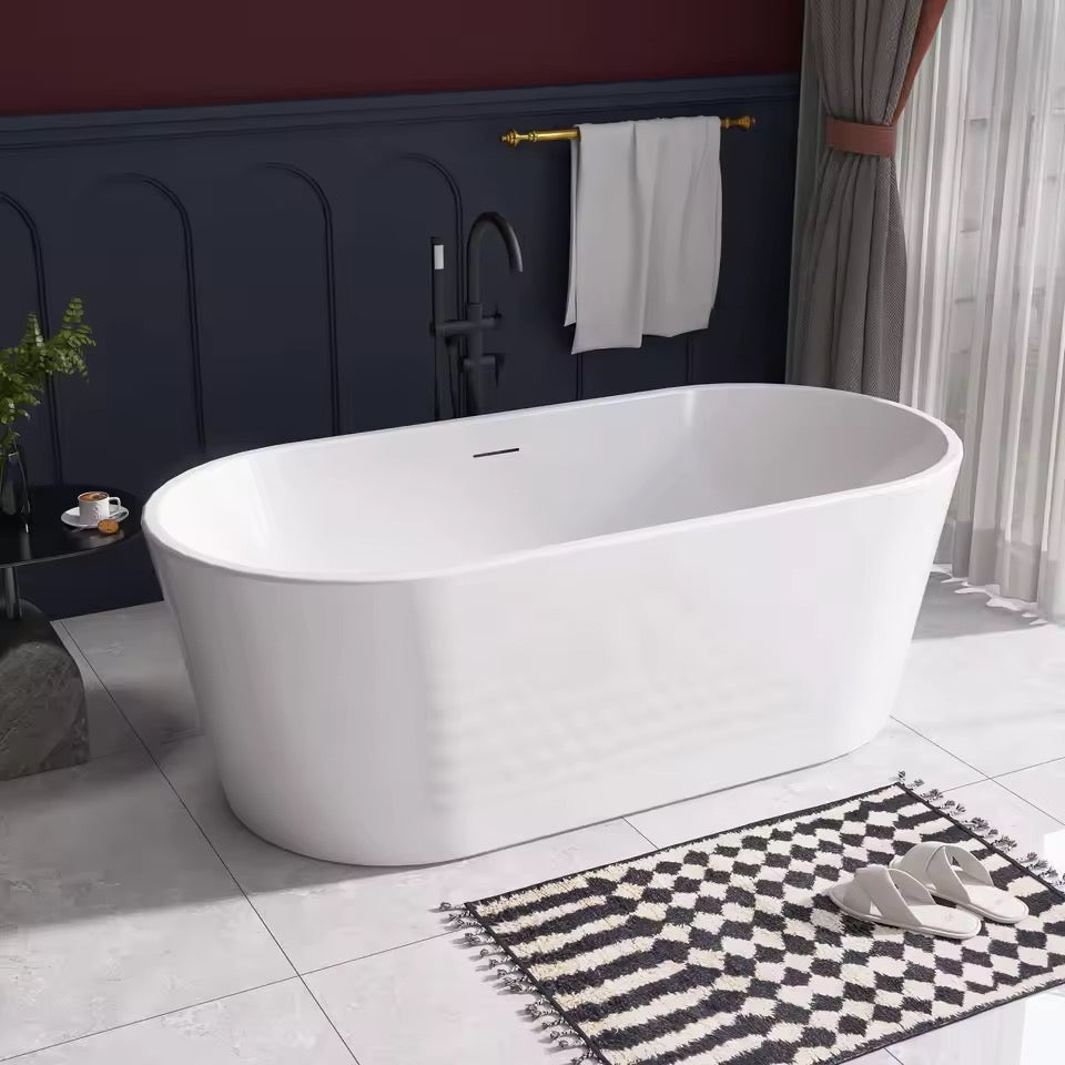 Freestanding Soaking Tub, Acrylic Bath with Sloped Lumbar Support
