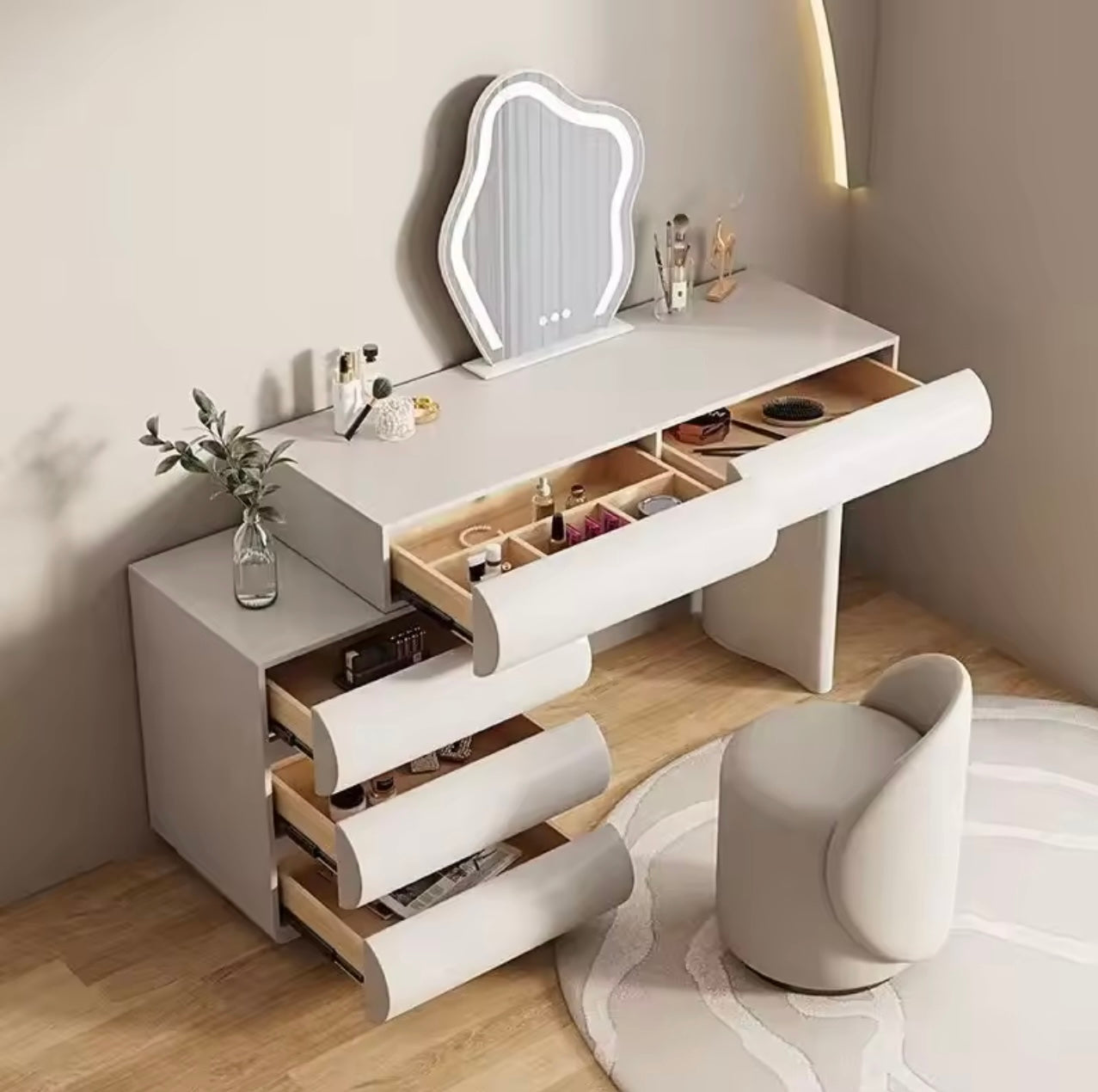 Minimalist Adjustable Luxury Vanity Table with Mirror, Drawers & Stool