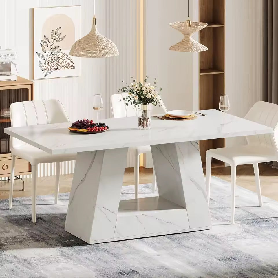 White Marble Rectangular Dining Table for 4-6, Trapezoidal Legs