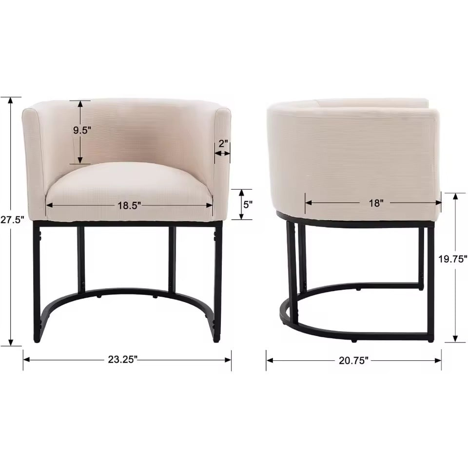 Set of 2 Linen Upholstered Barrel Dining Chairs, Beige and Black
